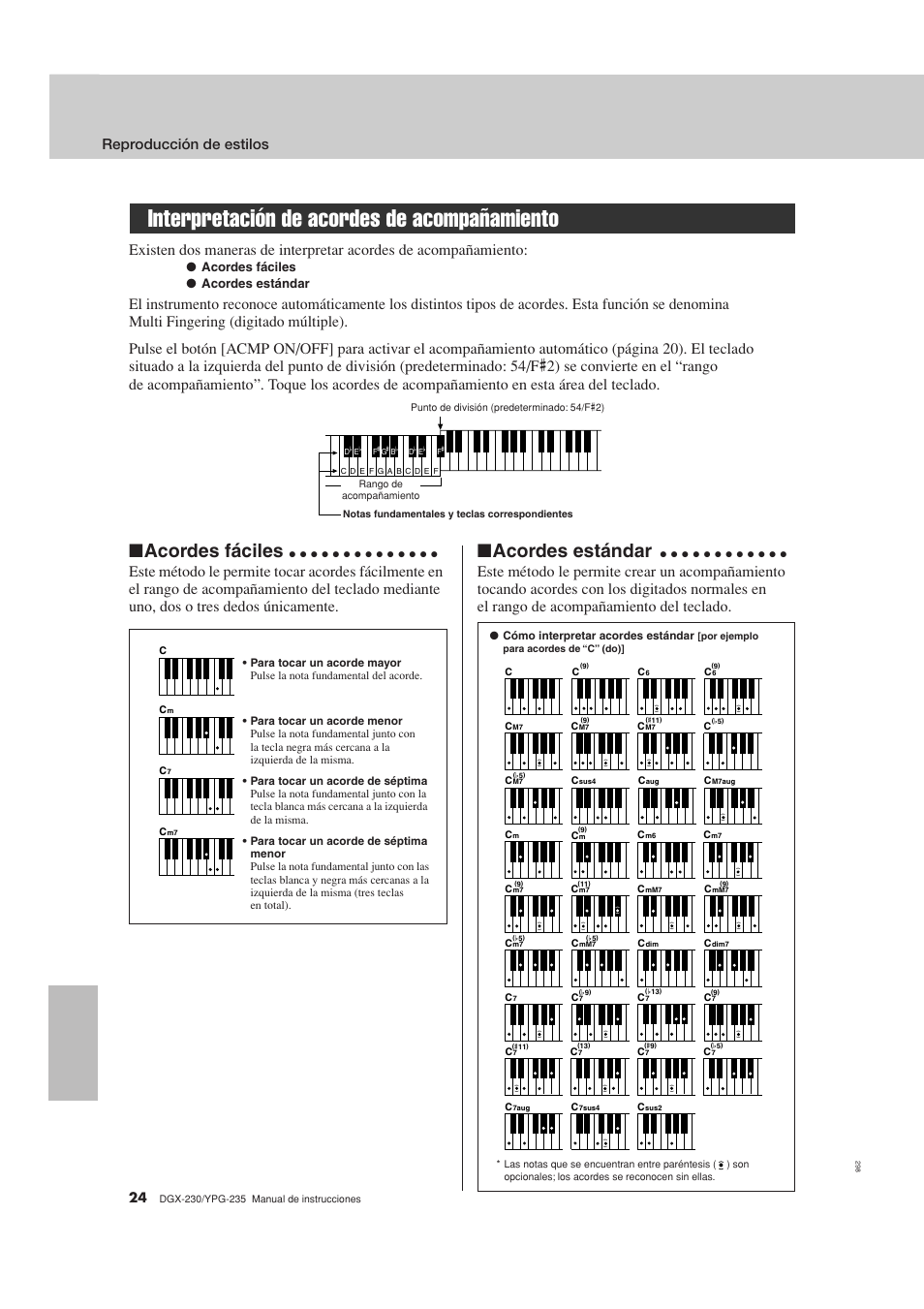 Interpretación de acordes de acompañamiento, Acordes fáciles, Acordes estándar | Reproducción de estilos, Acordes fáciles ● acordes estándar | Yamaha YPG-235 User Manual | Page 24 / 128