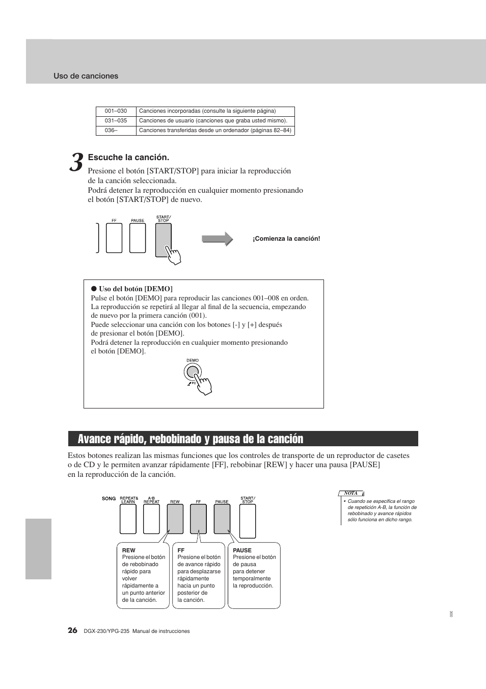 Avance rápido, rebobinado y pausa de la canción | Yamaha YPG-235 User Manual | Page 26 / 128
