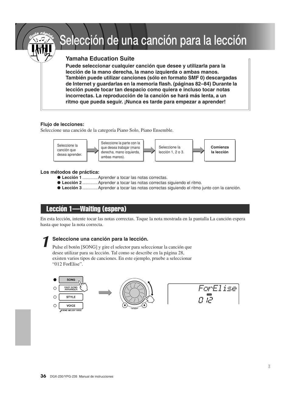 Selección de una canción para la lección, Lección 1-waiting (espera), Lección 1—waiting (espera) | Forelise | Yamaha YPG-235 User Manual | Page 36 / 128