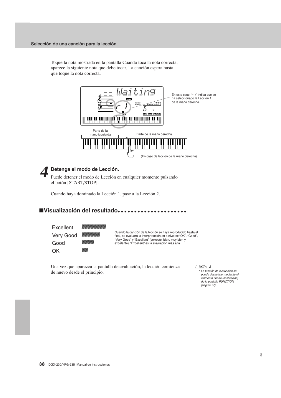 Waiting, Visualización del resultado | Yamaha YPG-235 User Manual | Page 38 / 128