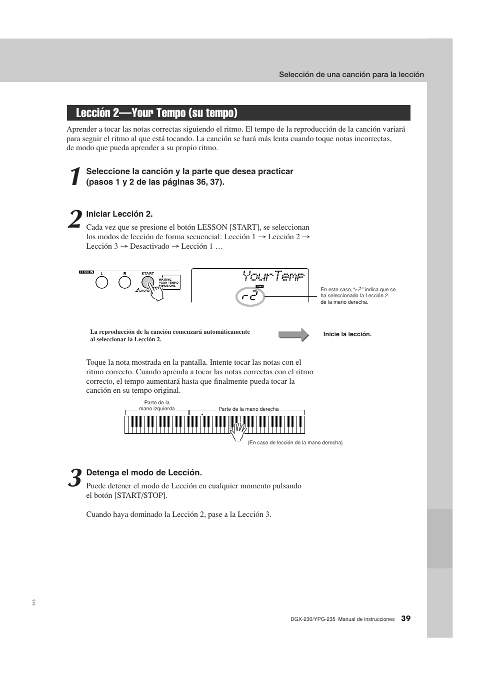 Lección 2-your tempo (su tempo), Lección 2—your tempo (su tempo), Yourtemp | Yamaha YPG-235 User Manual | Page 39 / 128