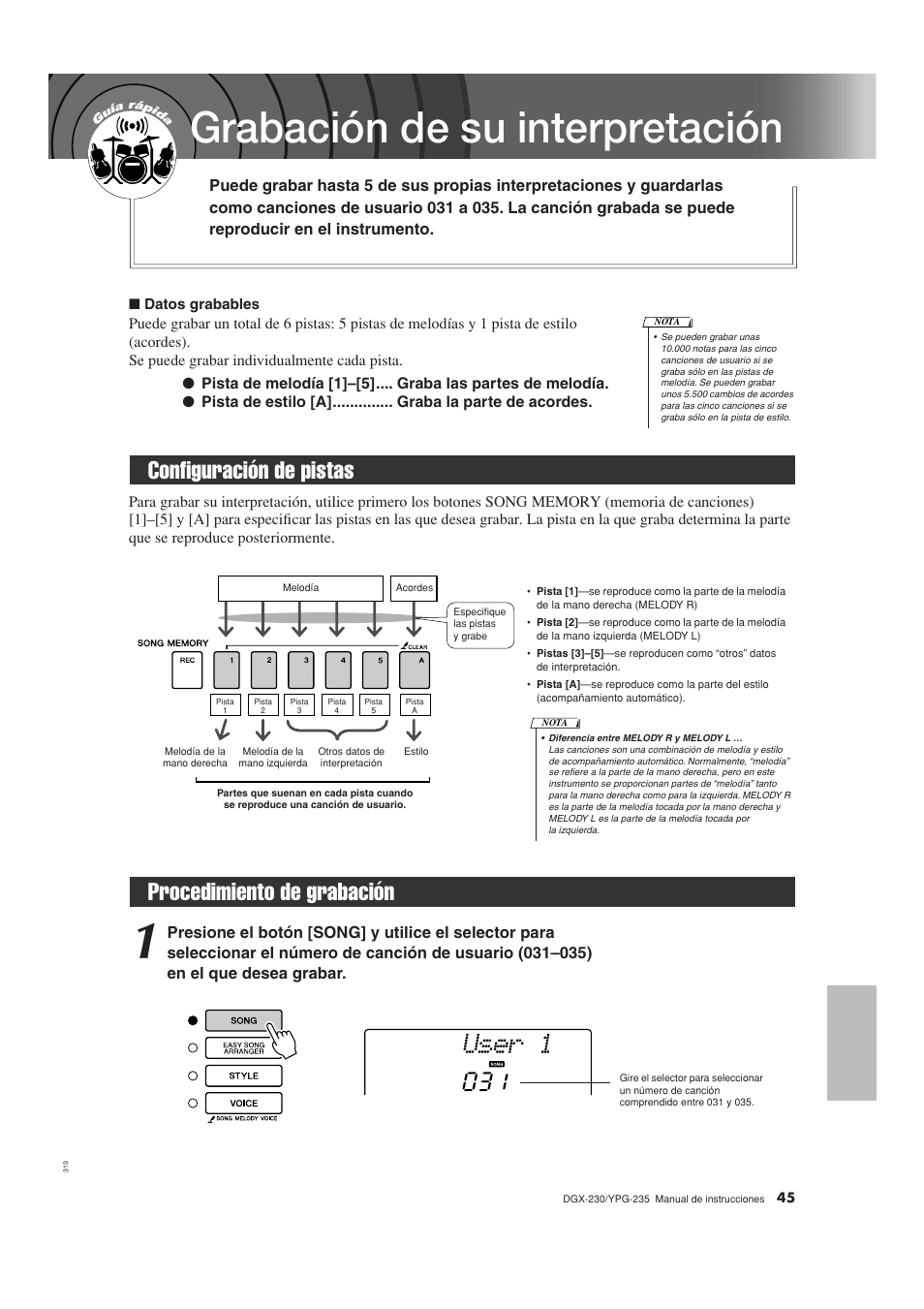 Grabación de su interpretación, Configuración de pistas, Procedimiento de grabación | Configuración de pistas procedimiento de grabación, User 1 | Yamaha YPG-235 User Manual | Page 45 / 128