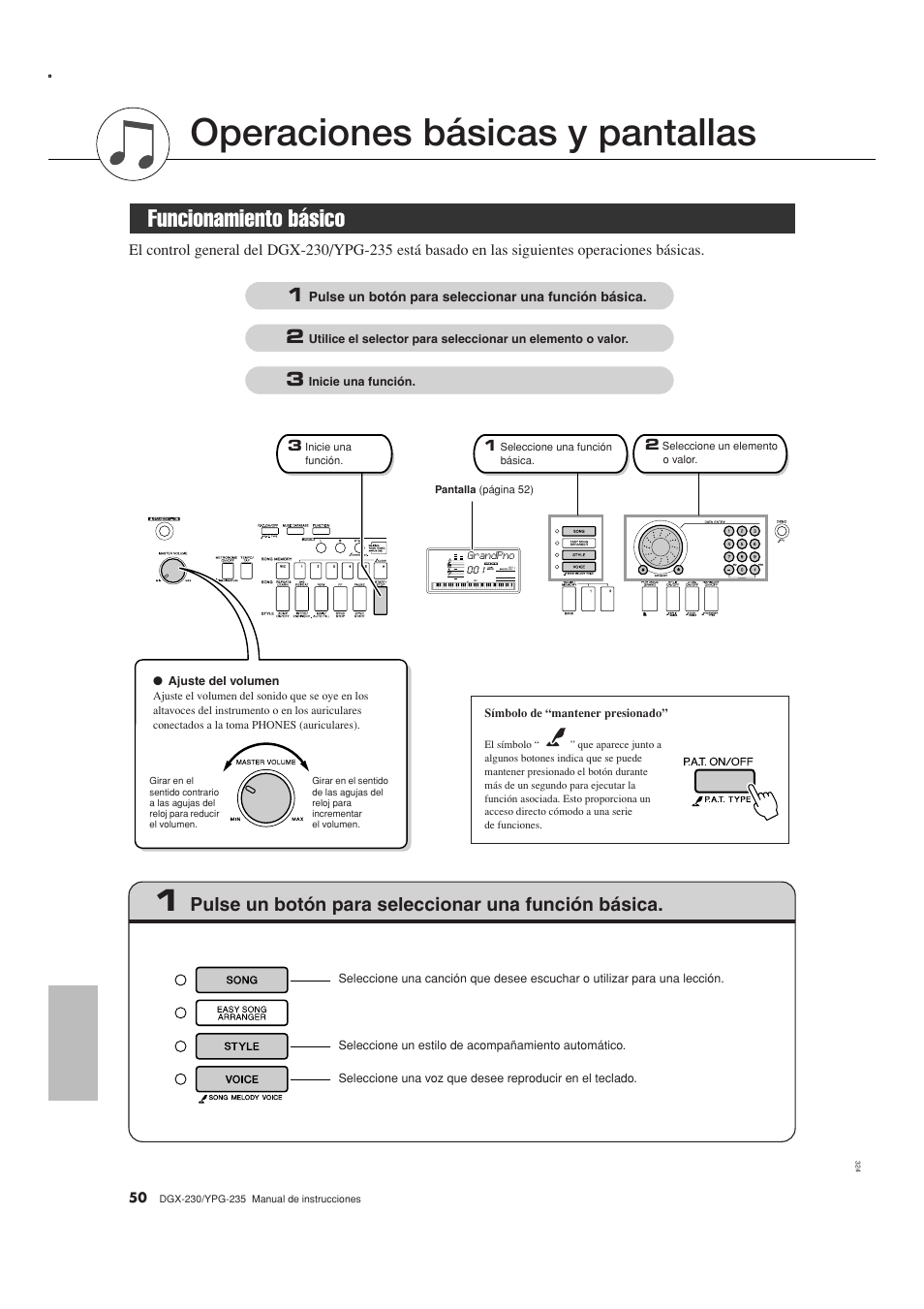 Operaciones básicas y pantallas, Funcionamiento básico, Pulse un botón para seleccionar una función básica | Yamaha YPG-235 User Manual | Page 50 / 128