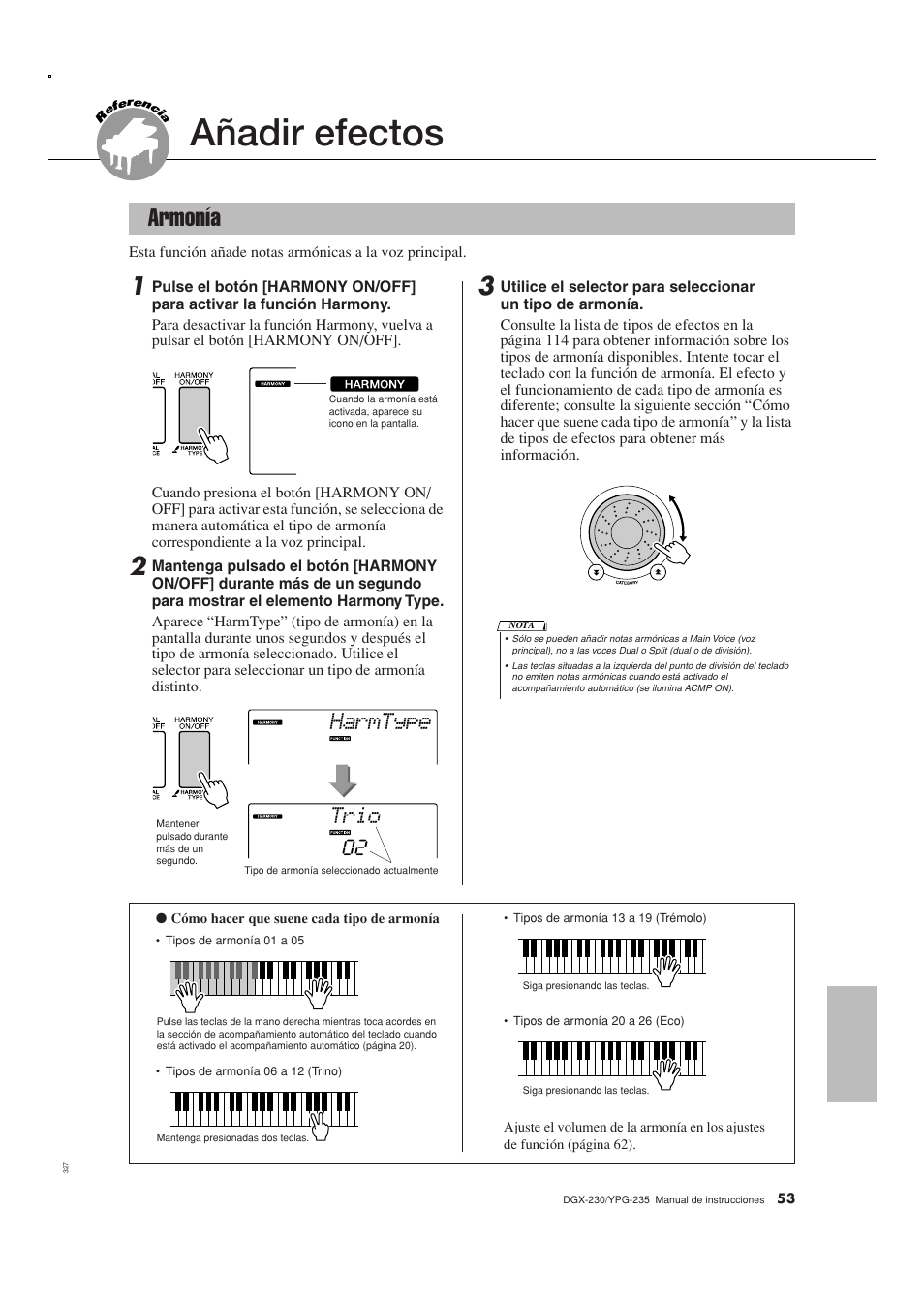 Referencia, Añadir efectos, Armonía | Trio harmtype | Yamaha YPG-235 User Manual | Page 53 / 128
