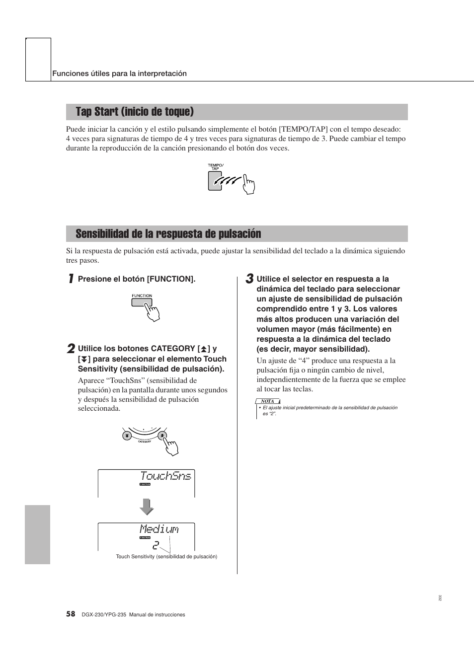 Tap start (inicio de toque), Sensibilidad de la respuesta de pulsación, Touchsns | Medium | Yamaha YPG-235 User Manual | Page 58 / 128