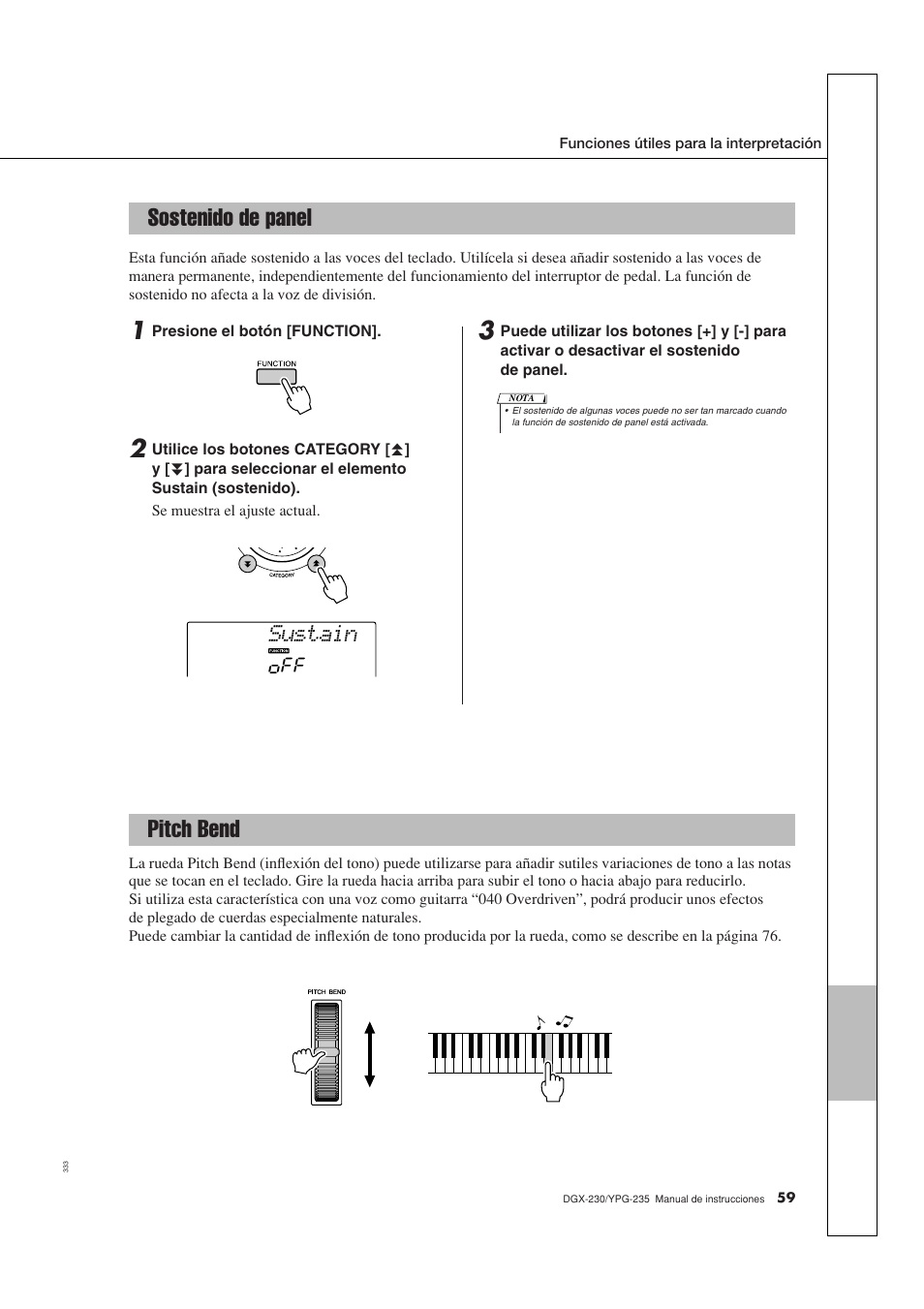 Sostenido de panel, Pitch bend, Sostenido de panel pitch bend | Sustain | Yamaha YPG-235 User Manual | Page 59 / 128