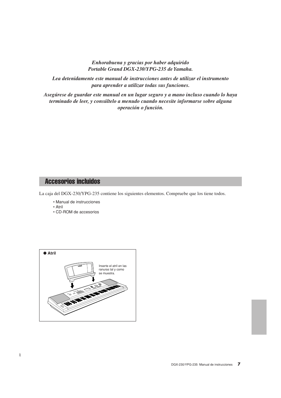 Accesorios incluidos | Yamaha YPG-235 User Manual | Page 7 / 128