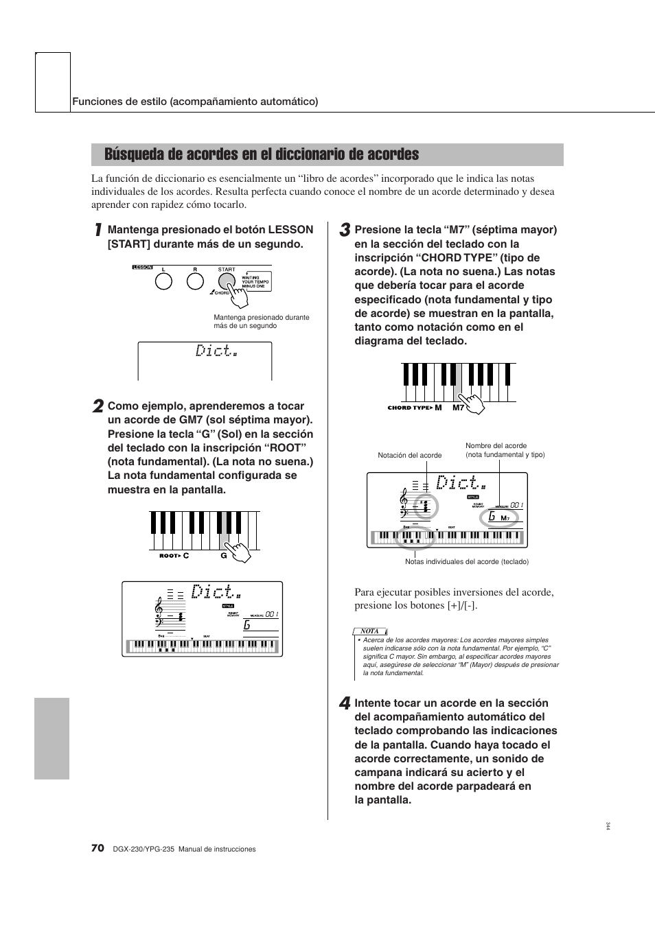 Búsqueda de acordes en el diccionario de acordes, Dict | Yamaha YPG-235 User Manual | Page 70 / 128