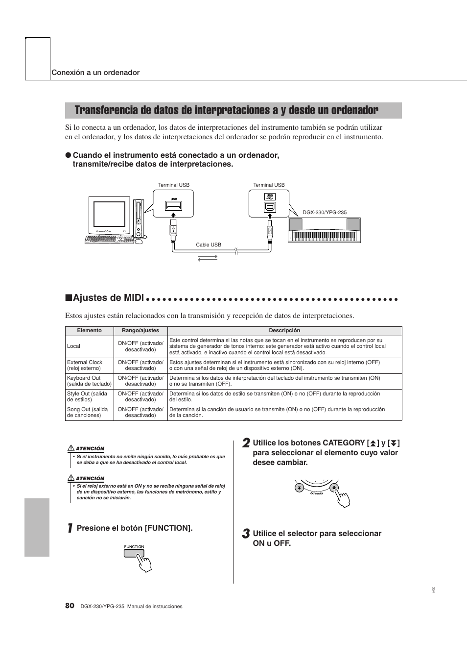 Transferencia de datos de interpretaciones a y, Desde un ordenador, Ajustes de midi | Yamaha YPG-235 User Manual | Page 80 / 128
