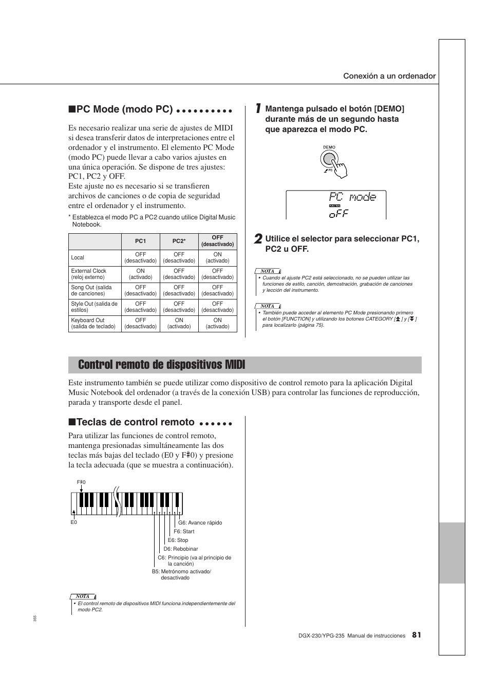 Control remoto de dispositivos midi, Pc mode, Pc mode (modo pc) | Teclas de control remoto | Yamaha YPG-235 User Manual | Page 81 / 128