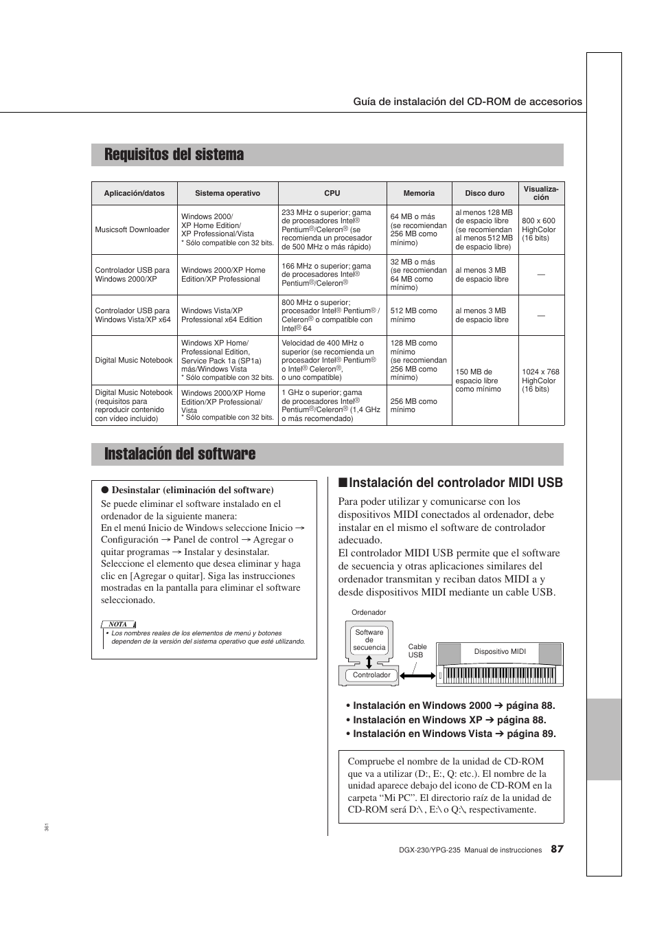 Requisitos del sistema, Instalación del software, Requisitos del sistema instalación del software | Instalación del controlador midi usb, Guía de instalación del cd-rom de accesorios | Yamaha YPG-235 User Manual | Page 87 / 128