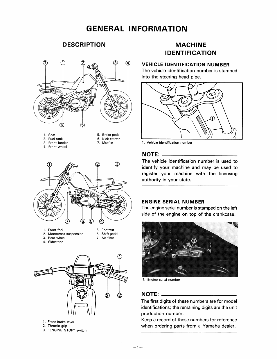 General information, Machine, Identification | Vehicle identification number, Note, Engine serial number, Description, Machine identification | Yamaha pw80 User Manual | Page 13 / 64