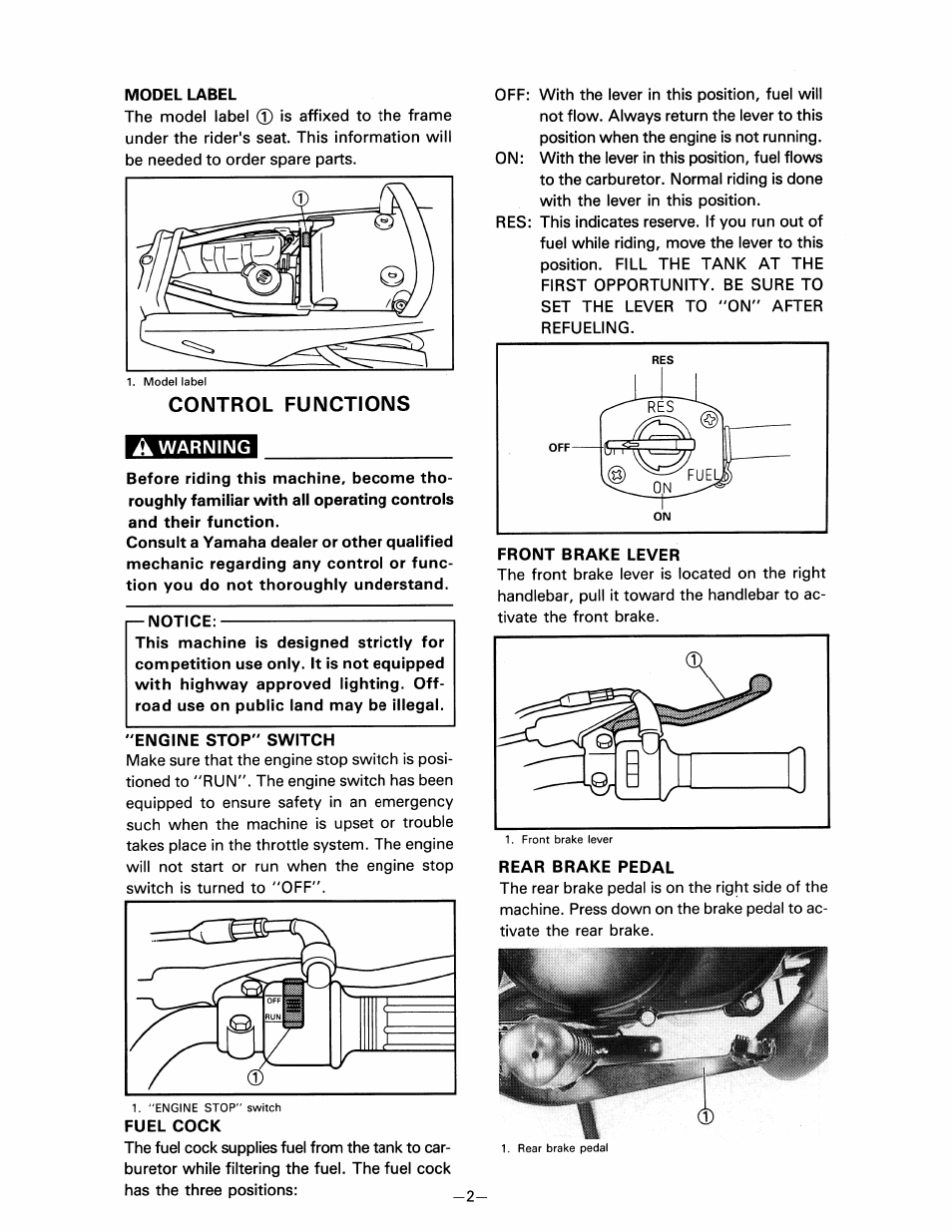 Control functions, A warning, Engine stop" switch | Front brake lever, Rear brake pedal | Yamaha pw80 User Manual | Page 14 / 64