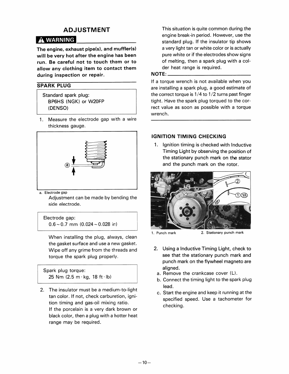 Adjustment, A warning, Spark plu | Note, Ignition timing checking, Adjustment a warning | Yamaha pw80 User Manual | Page 22 / 64