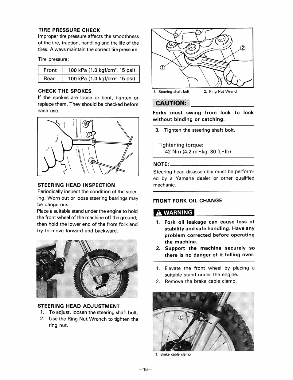Tire pressure check, Check the spokes, Steering head inspection | Steering head adjustment, Note, Front fork oil change, A warning, Caution | Yamaha pw80 User Manual | Page 28 / 64
