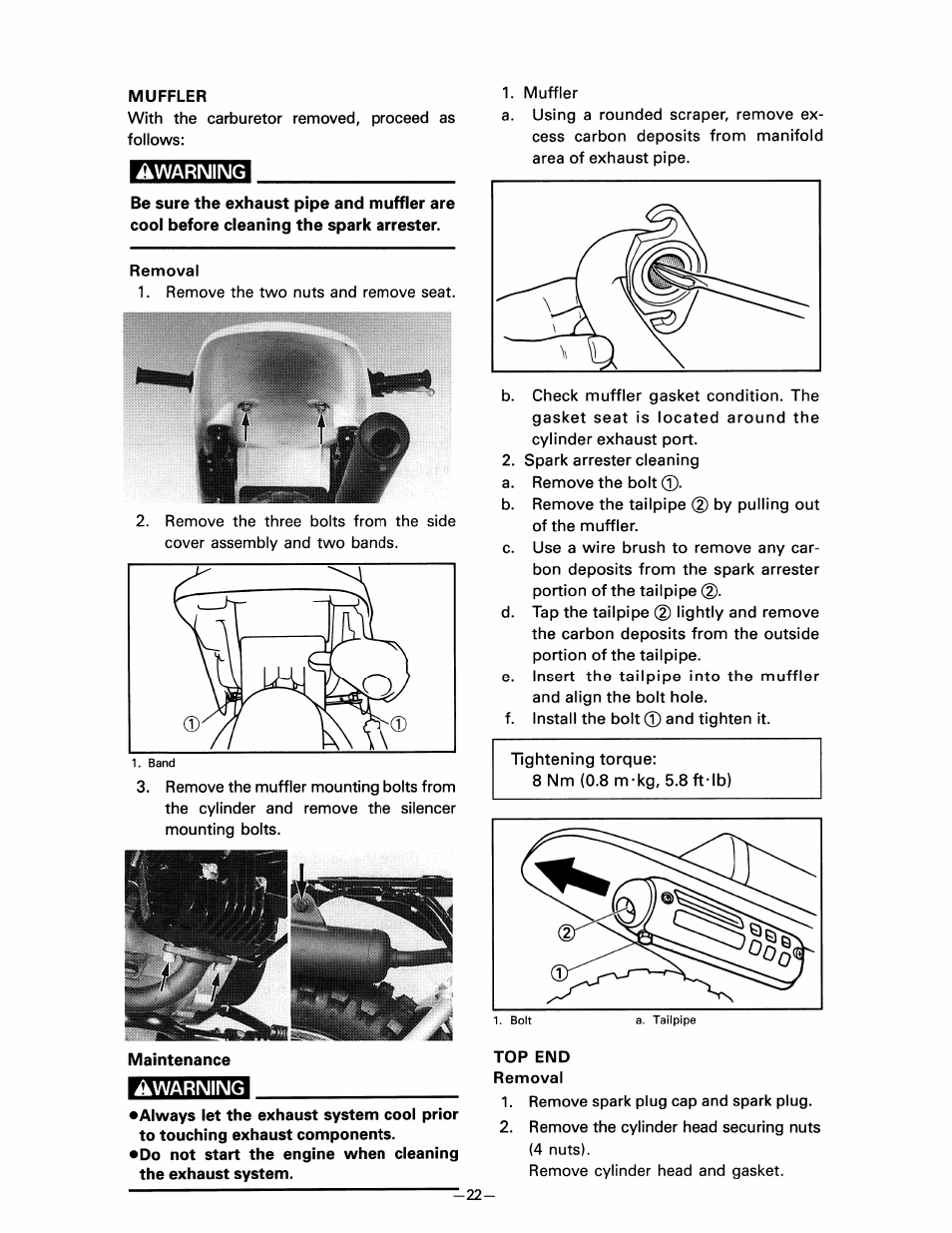 Muffler, Warning, Removal | Top end | Yamaha pw80 User Manual | Page 34 / 64