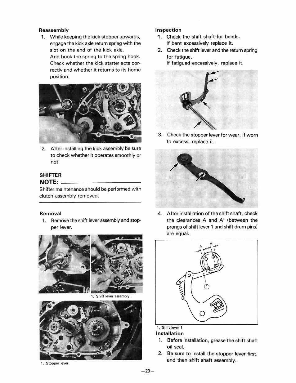 Reassembly, Shifter, Note | Inspection, Removal | Yamaha pw80 User Manual | Page 41 / 64