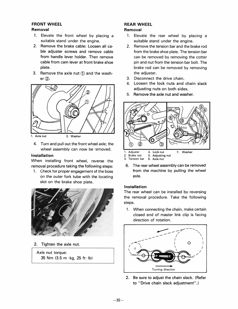 Front wheel removal, Rear wheel removal, Installation | Yamaha pw80 User Manual | Page 44 / 64