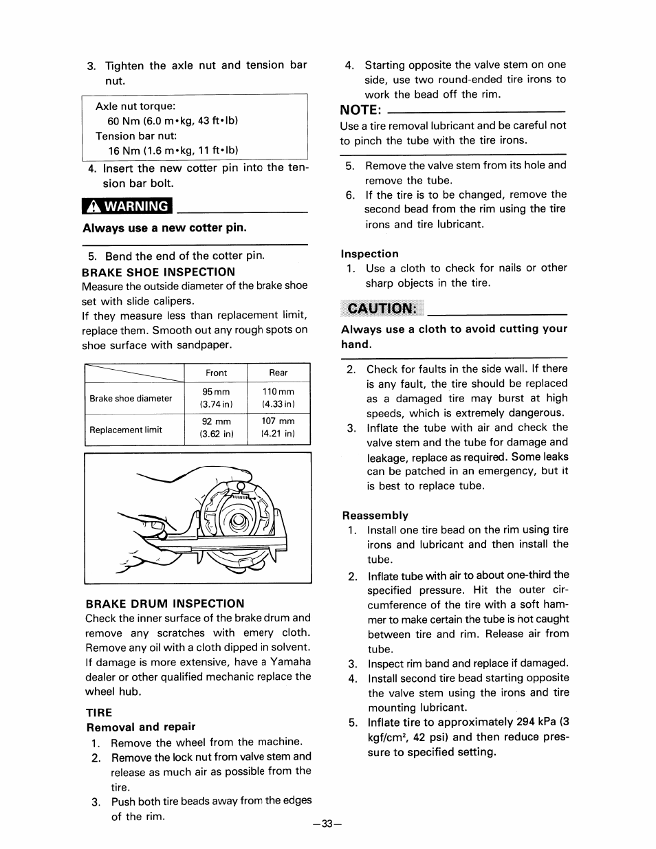 A warning, Always use a new cotter pin, Brake shoe inspection | Brake drum inspection, Tire, Inspection, Caution, Always use a cloth to avoid cutting your hand, Reassembly, Warning always use a new cotter pin | Yamaha pw80 User Manual | Page 45 / 64