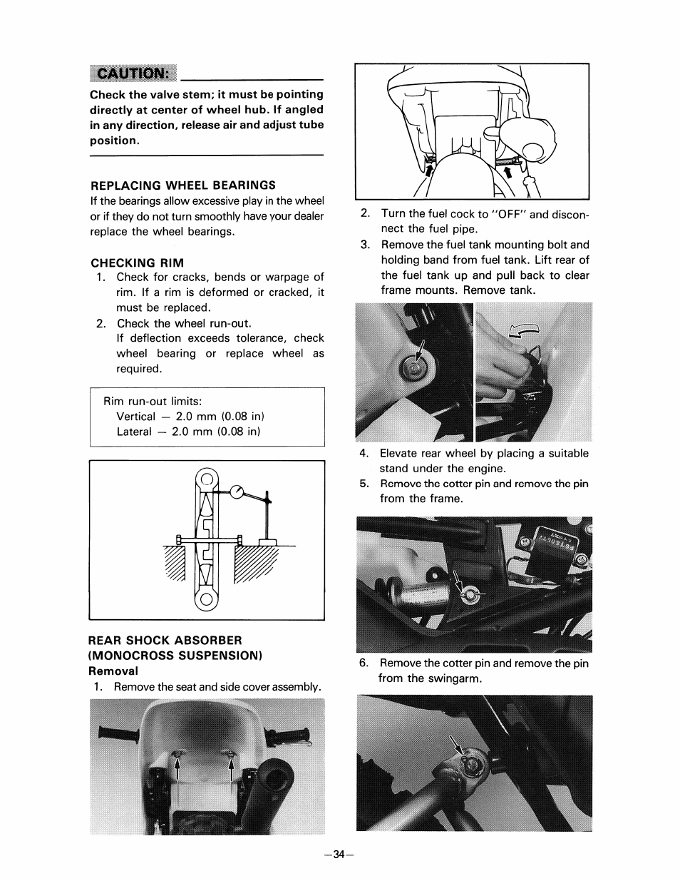 Replacing wheel bearings, Checking rim, Rear shock absorber (monocross suspension) | Caution | Yamaha pw80 User Manual | Page 46 / 64