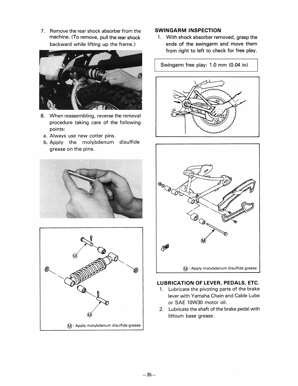 Swingarm inspection, Lubrication of lever, pedals, etc | Yamaha pw80 User Manual | Page 47 / 64