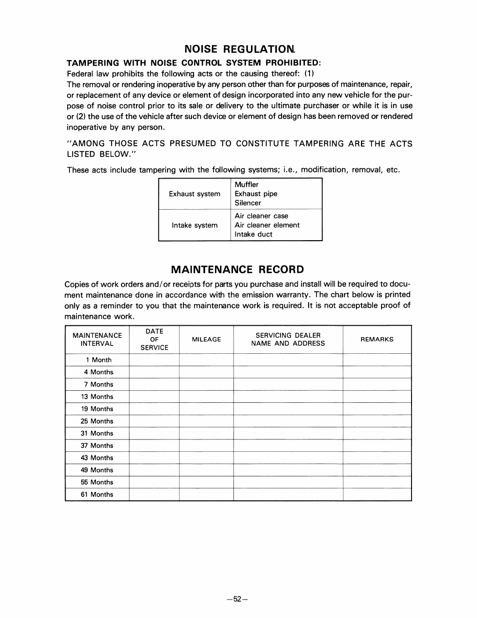 Noise regulation, Tampering with noise control system prohibited, Maintenance record | Yamaha pw80 User Manual | Page 64 / 64