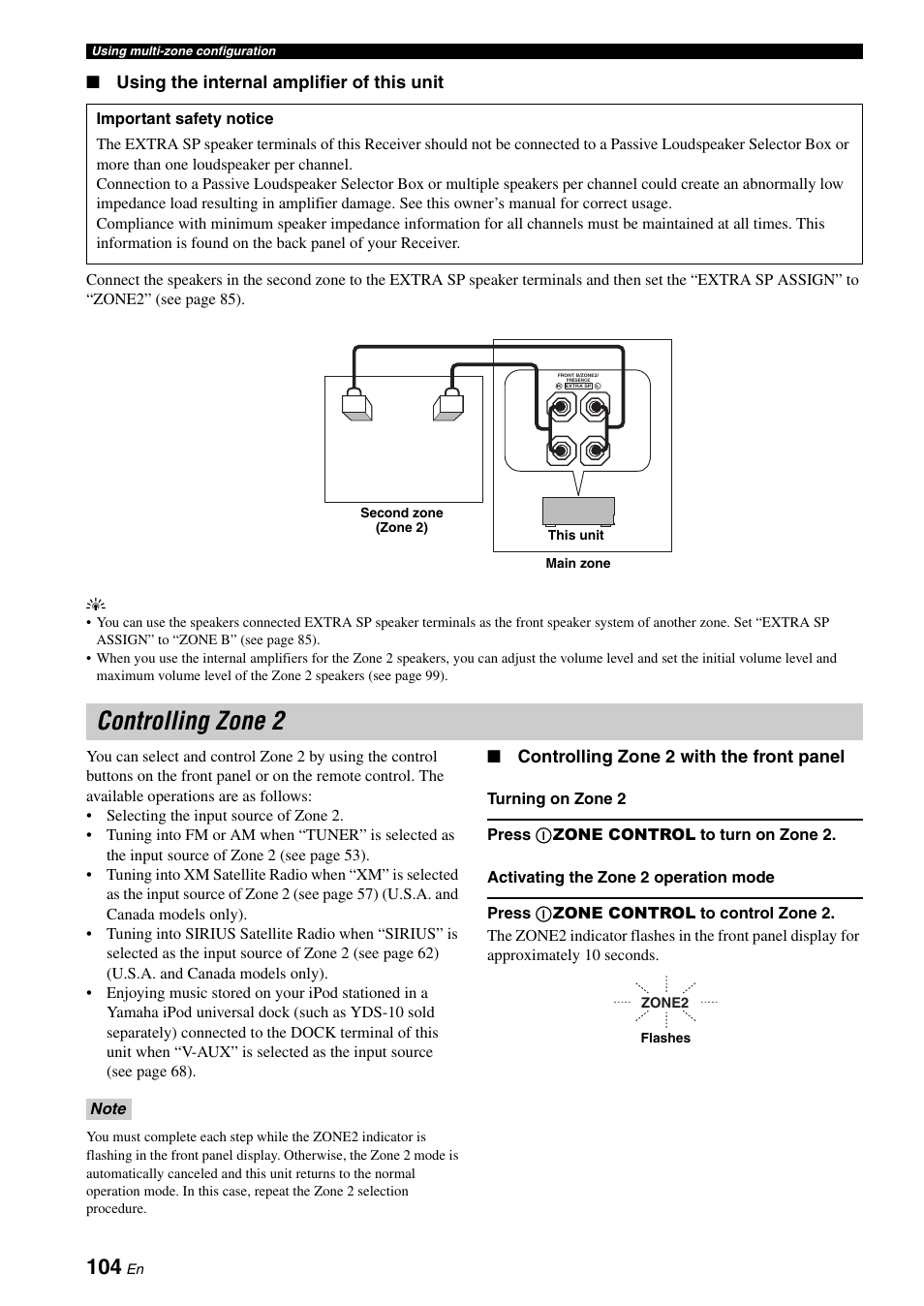 Controlling zone 2, S (see, Using the internal amplifier of this unit | Controlling zone 2 with the front panel | Yamaha RX-V663 User Manual | Page 108 / 144