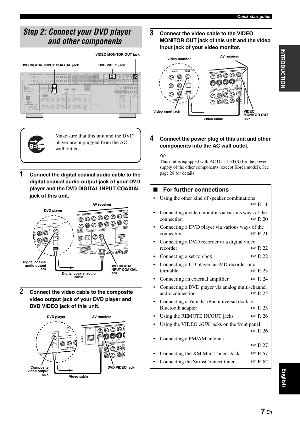 Step 2: connect your dvd player, And other components, P. 7 | For further connections, Intr oduction english, Quick start guide | Yamaha RX-V663 User Manual | Page 11 / 144