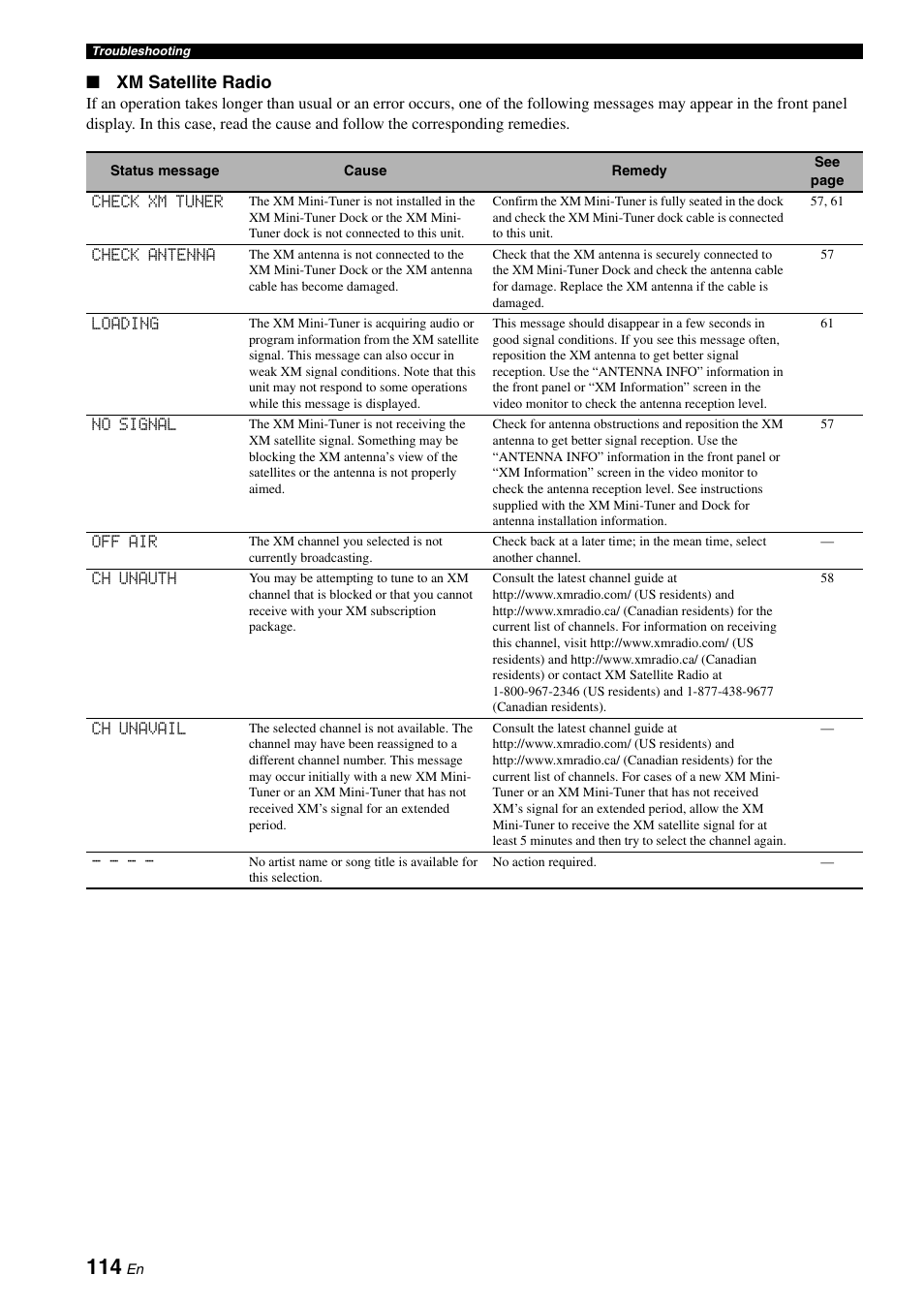 Xm satellite radio, See the “xm satellite radio | Yamaha RX-V663 User Manual | Page 118 / 144