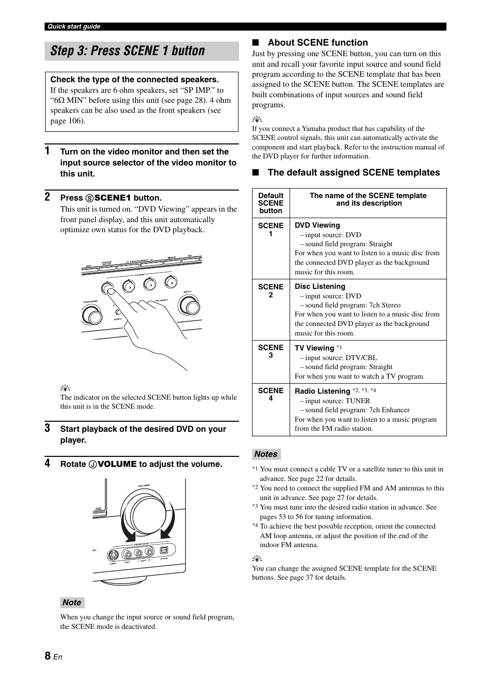 Step 3: press scene 1 button, P. 8 | Yamaha RX-V663 User Manual | Page 12 / 144