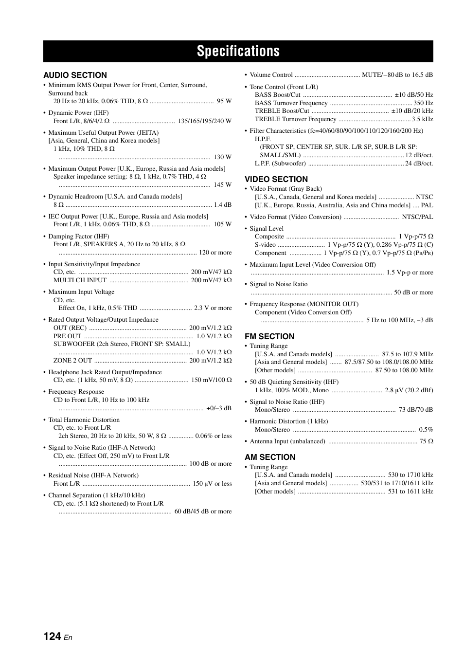 Specifications | Yamaha RX-V663 User Manual | Page 128 / 144