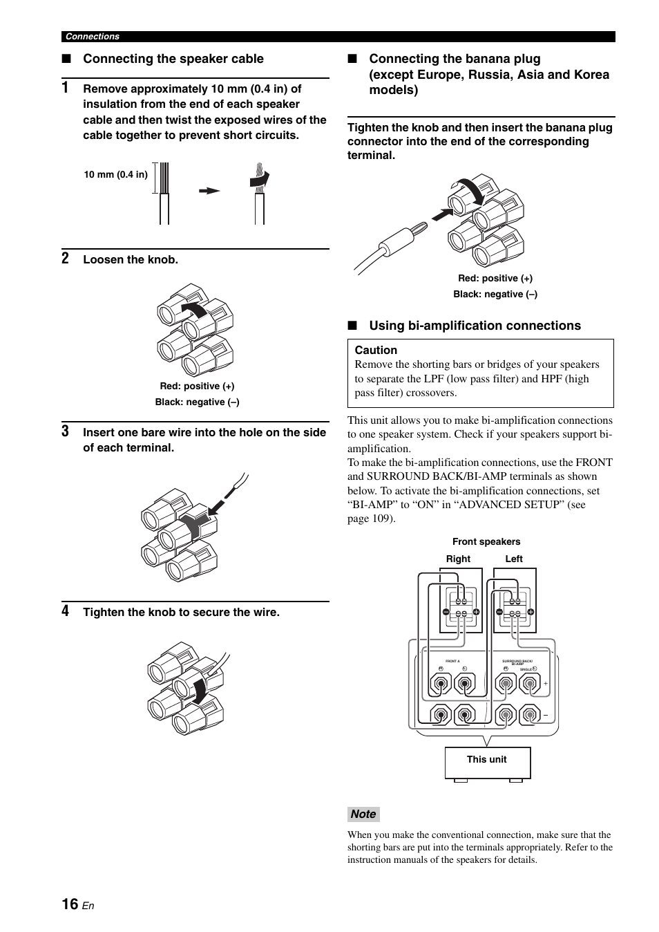 Connecting the speaker cable, Using bi-amplification connections | Yamaha RX-V663 User Manual | Page 20 / 144