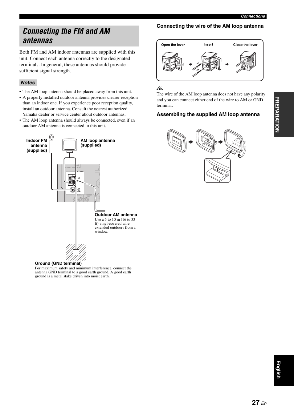 Connecting the fm and am antennas, P. 27, Connecting the wire of the am loop antenna y | Assembling the supplied am loop antenna | Yamaha RX-V663 User Manual | Page 31 / 144