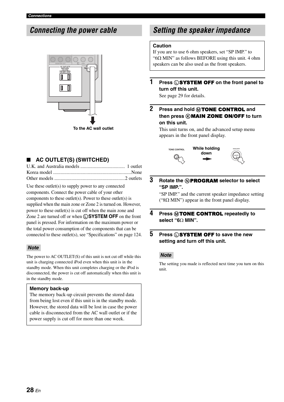 Connecting the power cable, Setting the speaker impedance, Ac outlet(s) (switched) | Yamaha RX-V663 User Manual | Page 32 / 144