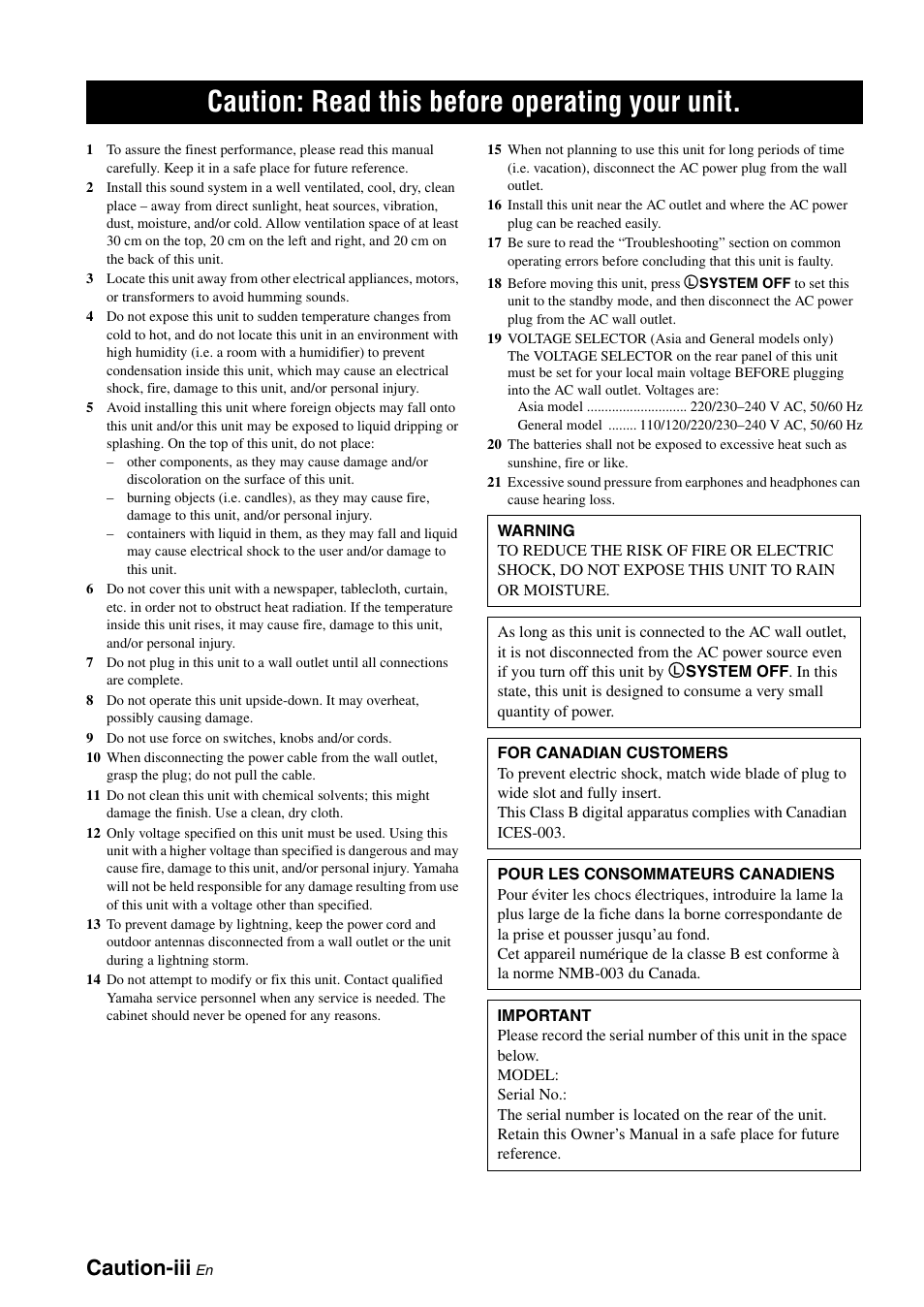 Caution: read this before operating your unit, Caution-iii | Yamaha RX-V663 User Manual | Page 4 / 144