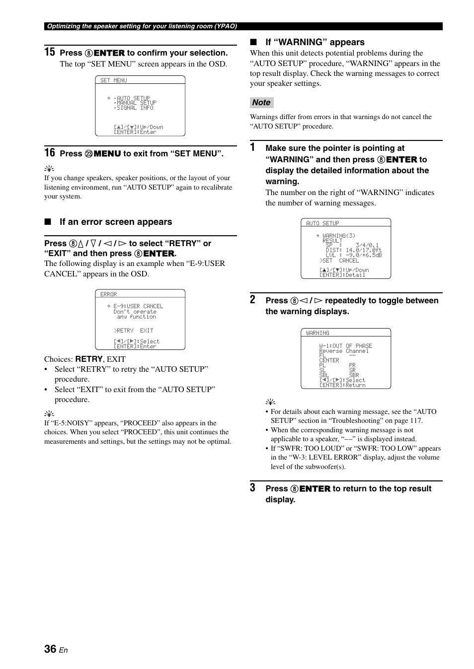 If an error screen appears, If “warning” appears | Yamaha RX-V663 User Manual | Page 40 / 144