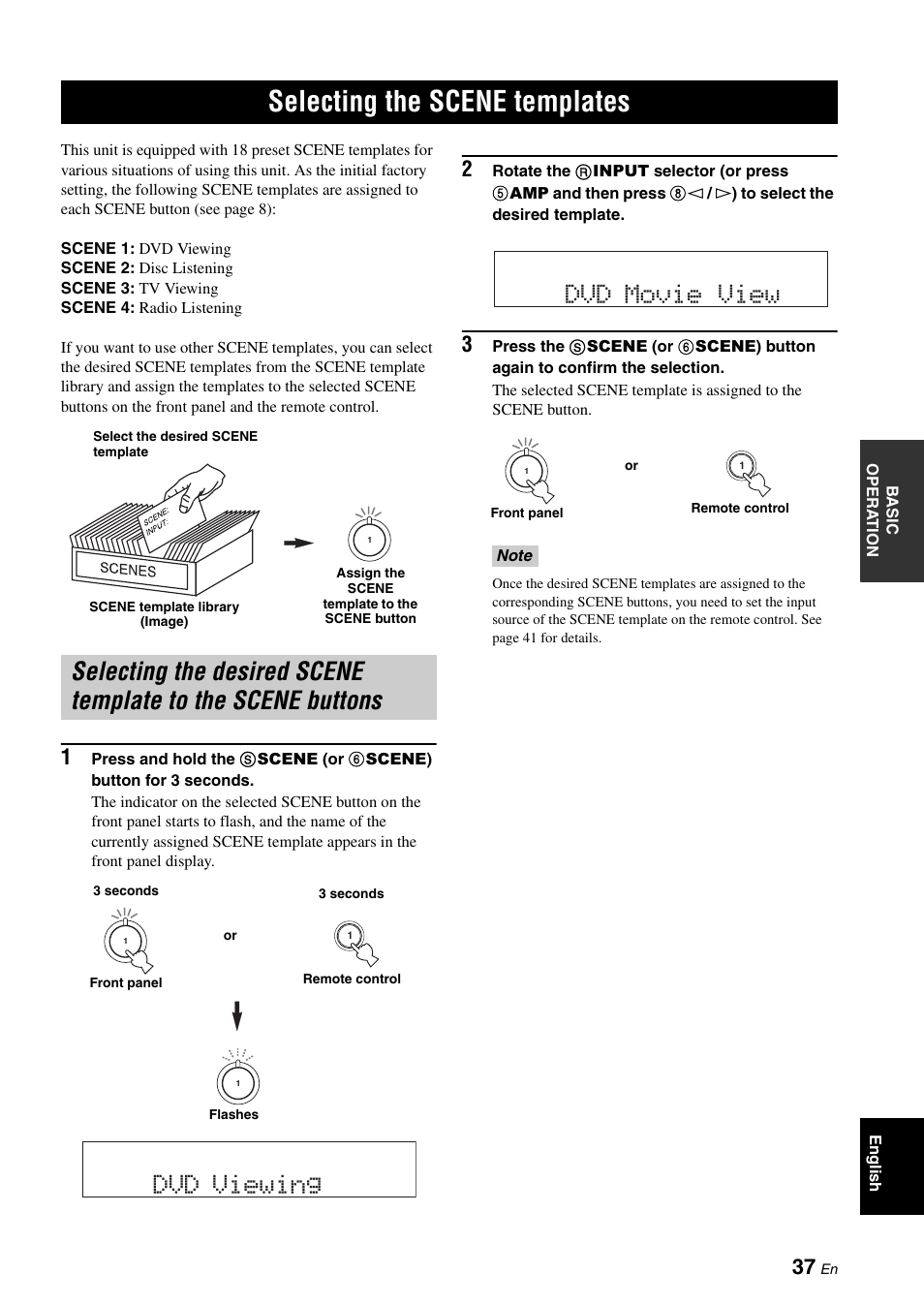 Selecting the scene templates, Selecting the desired scene template to the scene, Buttons | P. 37, Dvd viewing, Dvd movie view | Yamaha RX-V663 User Manual | Page 41 / 144