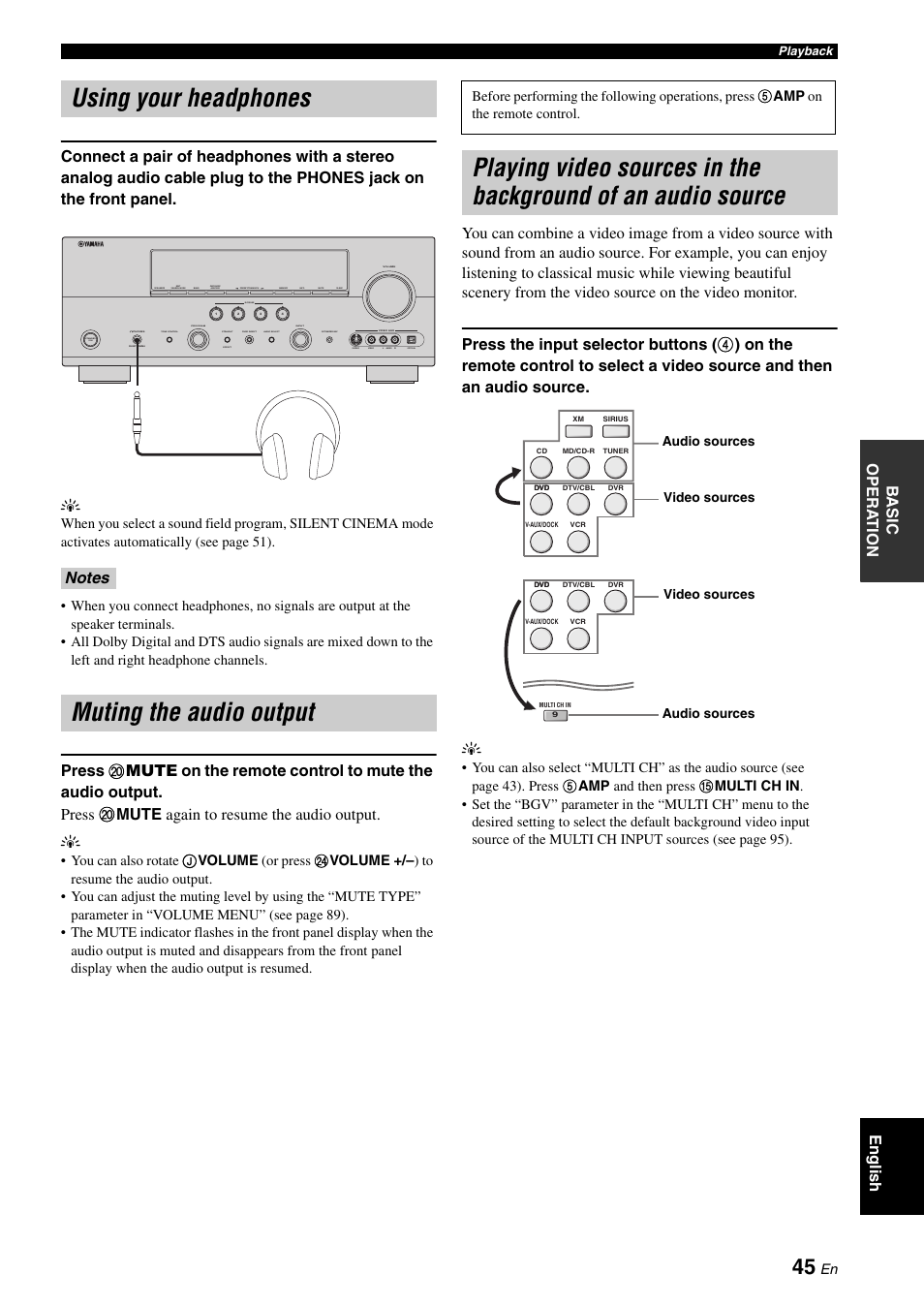 Using your headphones, Muting the audio output, In the background of an audio source | Yamaha RX-V663 User Manual | Page 49 / 144