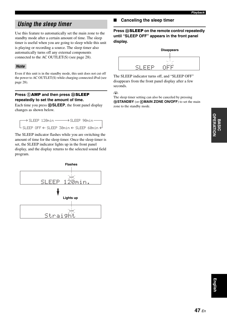 Using the sleep timer, P. 47, Sleep 120min | Straight, Sleep off | Yamaha RX-V663 User Manual | Page 51 / 144