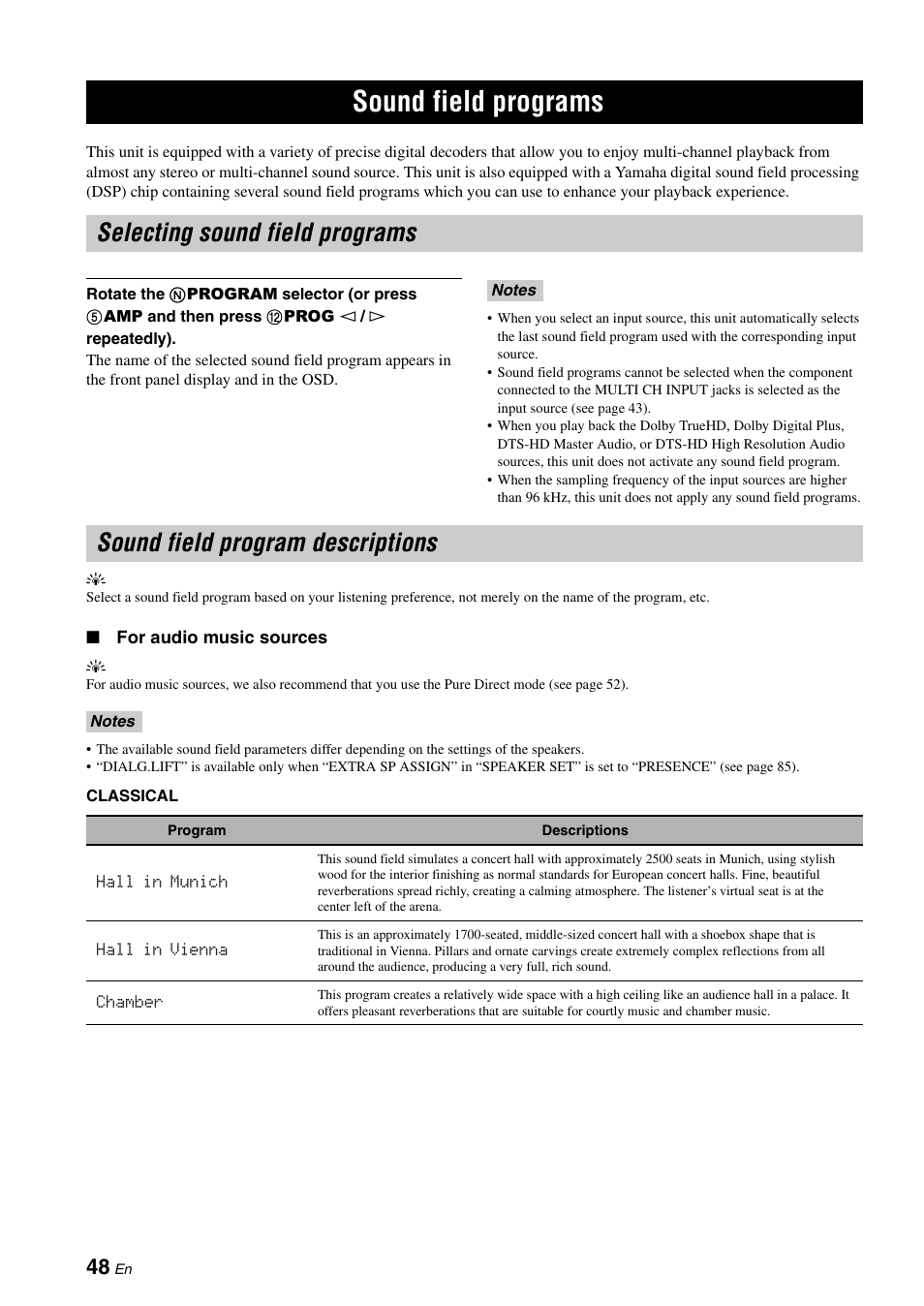Sound field programs, Selecting sound field programs, Sound field program descriptions | P. 48 | Yamaha RX-V663 User Manual | Page 52 / 144
