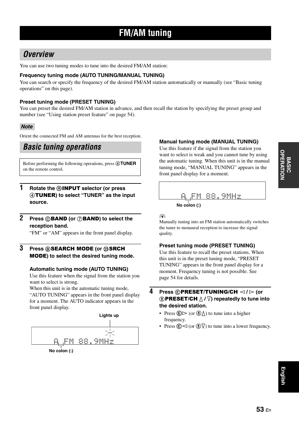 Fm/am tuning, Overview, Basic tuning operations | Overview basic tuning operations, P. 53, A fm 88.9mhz | Yamaha RX-V663 User Manual | Page 57 / 144