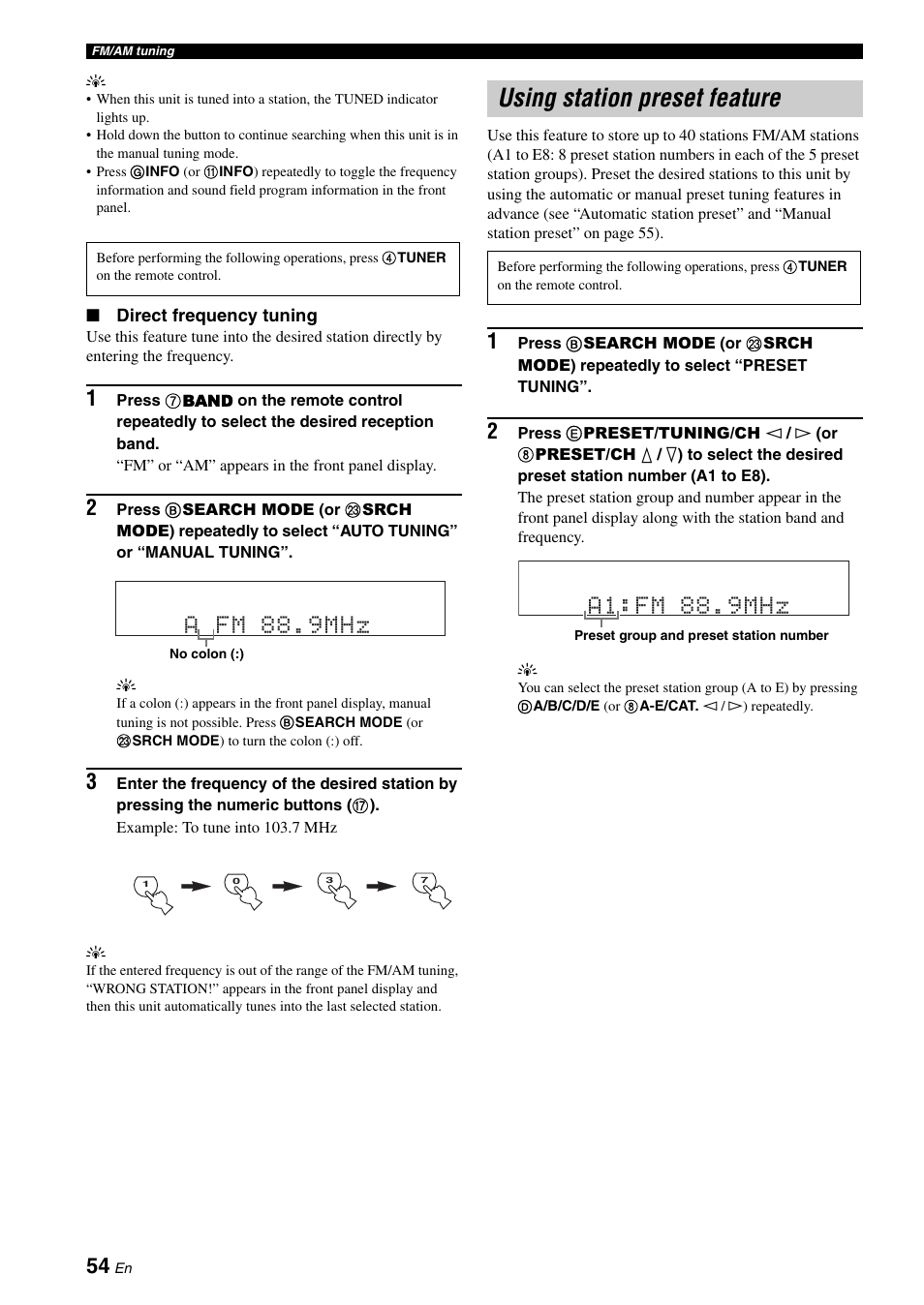 Using station preset feature, A fm 88.9mhz, A1:fm 88.9mhz | Yamaha RX-V663 User Manual | Page 58 / 144