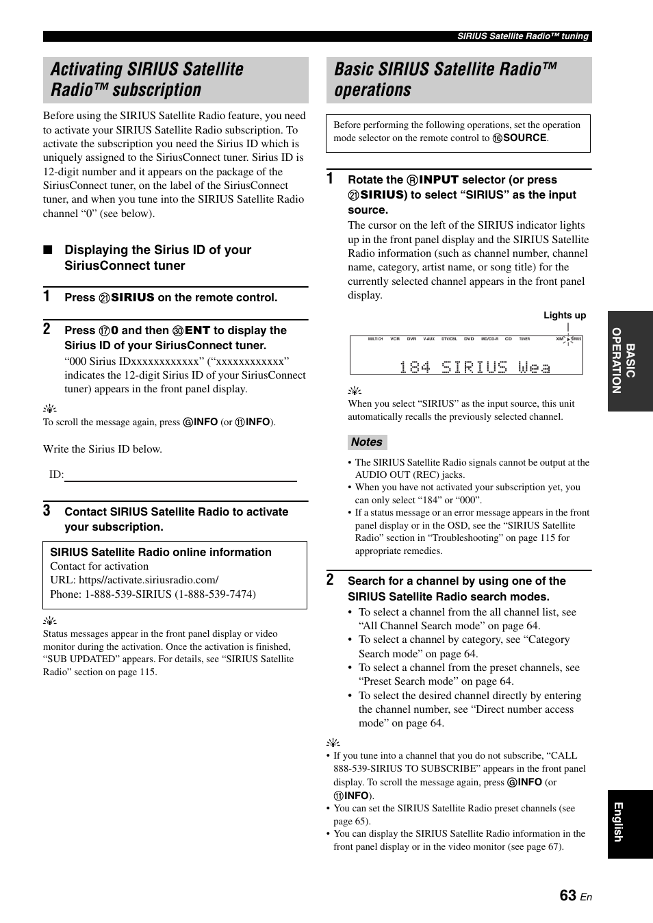 Activating sirius satellite radio™ subscription, Basic sirius satellite radio™ operations, Activating sirius satellite radio | Subscription, 184 sirius wea | Yamaha RX-V663 User Manual | Page 67 / 144