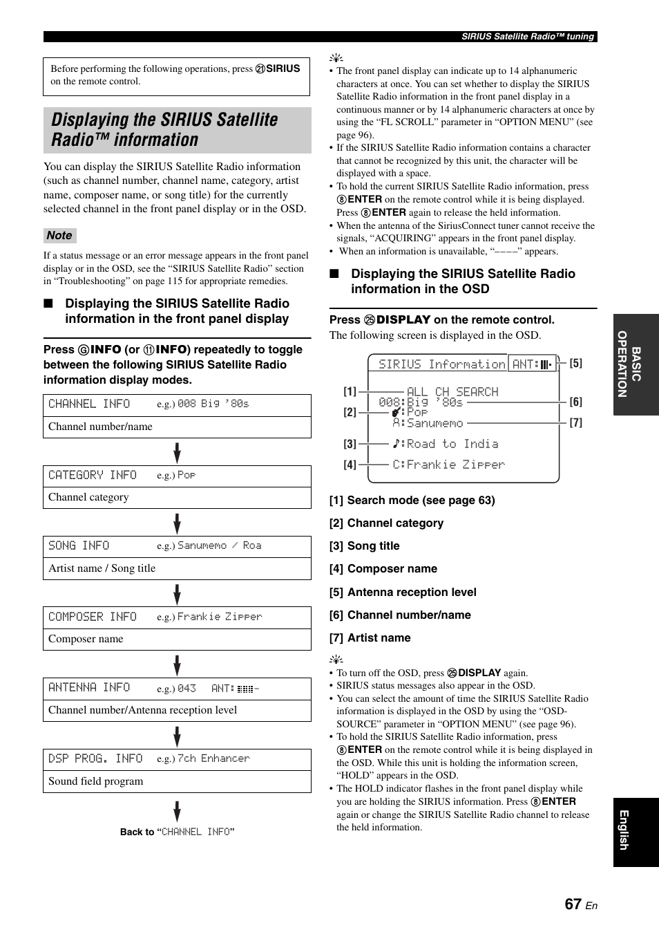 Displaying the sirius satellite radio™ information, Displaying the sirius satellite radio, Information | Yamaha RX-V663 User Manual | Page 71 / 144