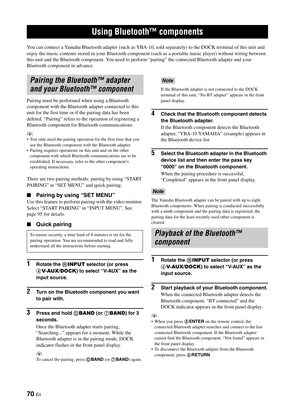 Using bluetooth™ components, Playback of the bluetooth™ component, Pairing the bluetooth™ adapter and your | Bluetooth™ component, P. 70 | Yamaha RX-V663 User Manual | Page 74 / 144