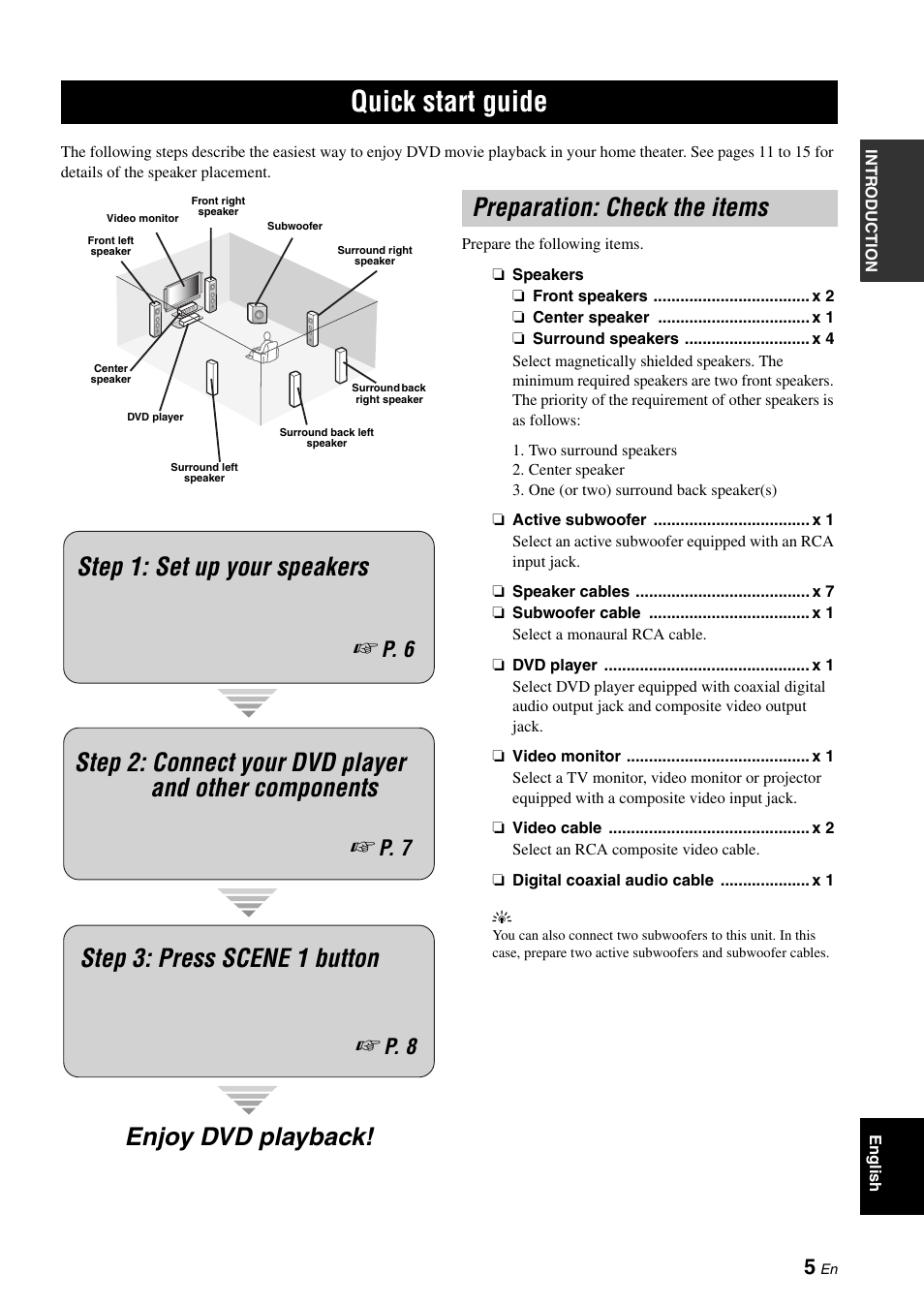 Quick start guide, Preparation: check the items, Enjoy dvd playback! step 1: set up your speakers | P. 6, P. 7, P. 8 | Yamaha RX-V663 User Manual | Page 9 / 144