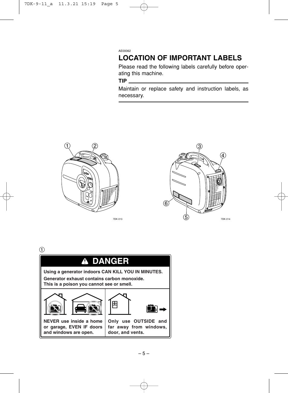 Location of important labels, Danger | Yamaha ef2000is User Manual | Page 10 / 62