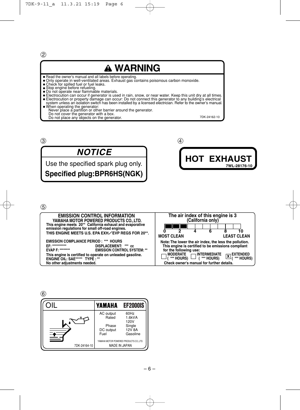 Warning, Notice, Hot exhaust | Specified plug:bpr6hs(ngk), Use the specified spark plug only, Ef2000is | Yamaha ef2000is User Manual | Page 11 / 62
