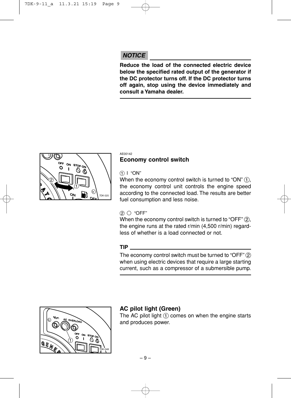 Notice, Economy control switch, Ac pilot light (green) | Yamaha ef2000is User Manual | Page 14 / 62