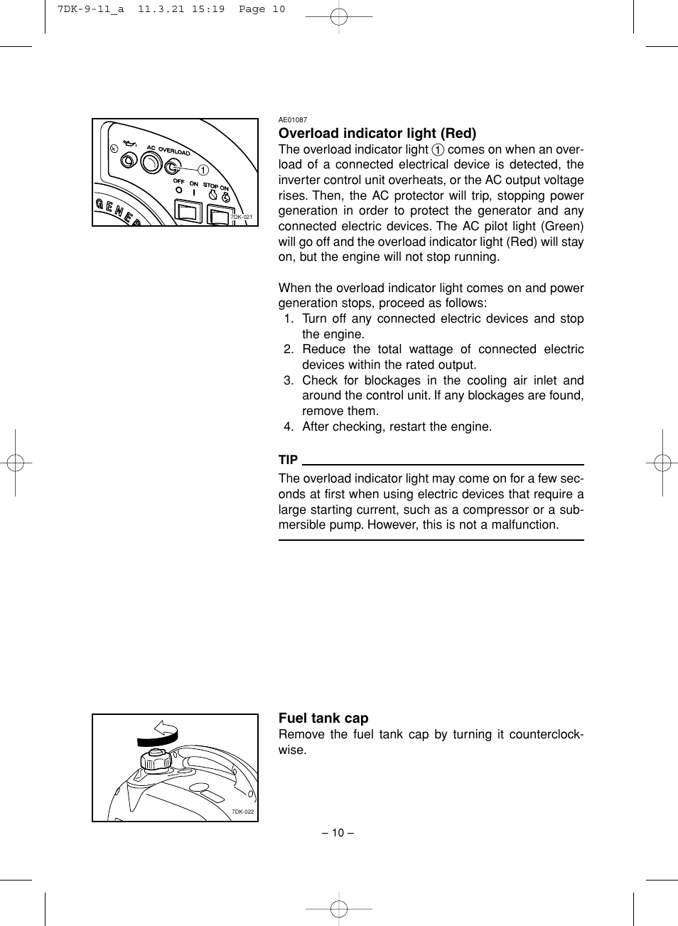 Overload indicator light (red), Fuel tank cap | Yamaha ef2000is User Manual | Page 15 / 62